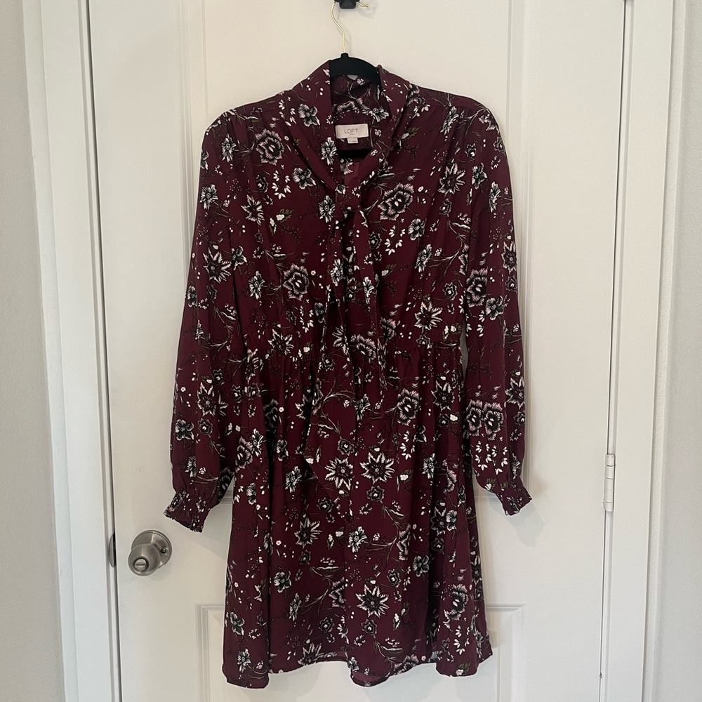 LOFT Burgundy Floral Print Dress
